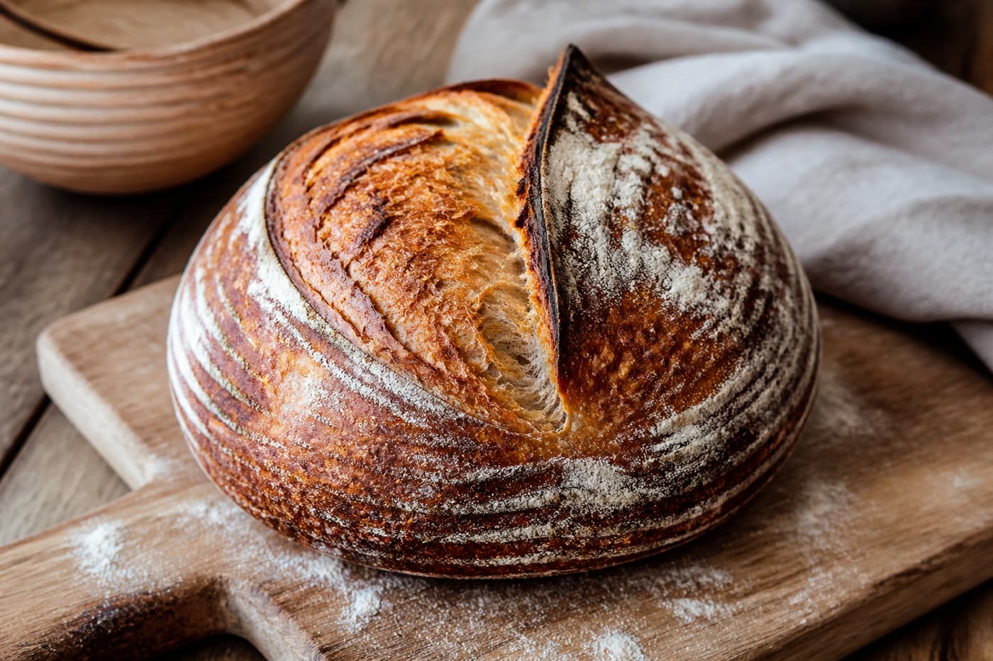 Crusty sourdough loaf on a wooden board